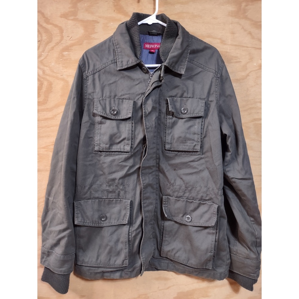 Merona Mens Field Jacket Small Gray Military Utility Four Pocket Full Zip Coat